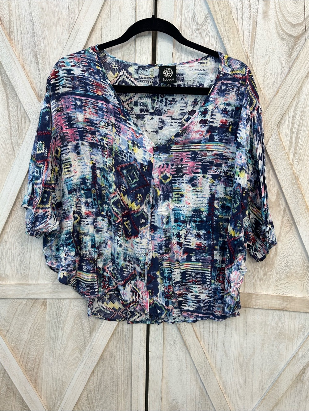 bobeau Navy Multicolor V-Neck Batwing Blouse